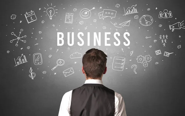 Achteraanzicht Van Een Zakenman Met Business Inscriptie Modern Business Concept — Stockfoto