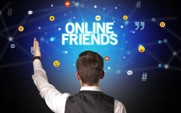 Vista Posteriore Uomo Affari Con Iscrizione Online Friends Concetto Social — Foto Stock