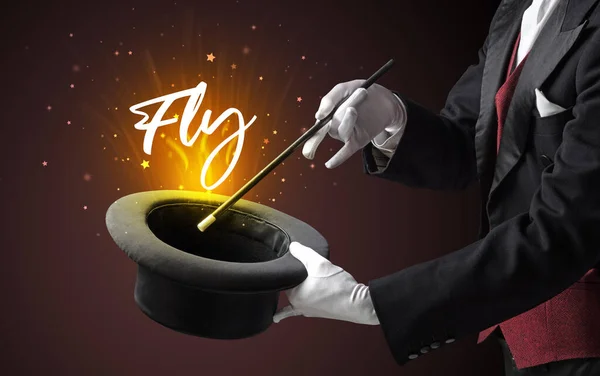 Magician Showing Magic Trick Fly Inscription Traveling Concept — Stock Photo, Image