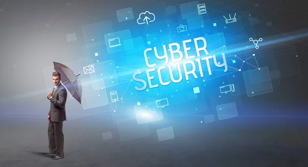 Affärsman Som Försvarar Med Paraply Från Cyberattack Och Cyber Security — Stockfoto