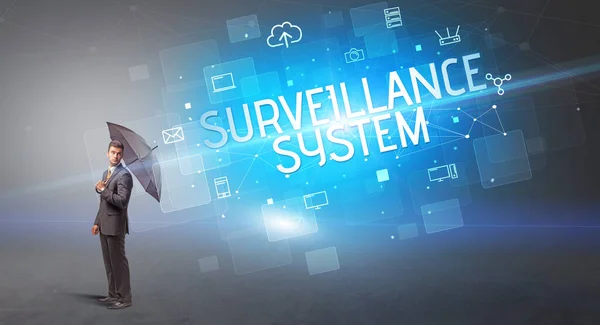 Businessman Defending Umbrella Cyber Attack Surveillance System Inscription Online Security — Stock Photo, Image