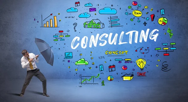 Şemsiyenin arkasına saklanan azimli iş adamı. Yazı, yeni iş konsepti.