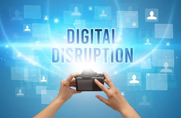 Närbild Handhållen Kamera Med Digital Disruption Inskription Videoövervakning Koncept — Stockfoto