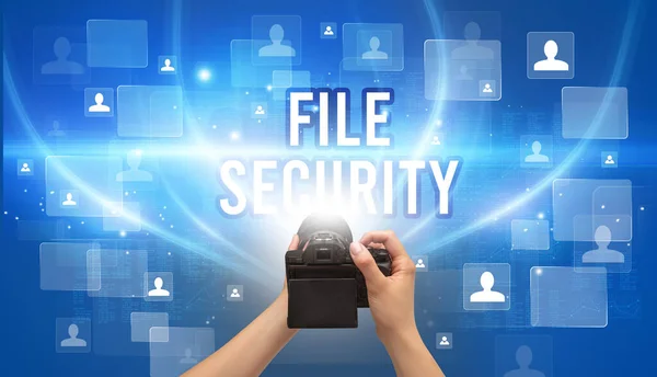 Крупный План Ручной Камеры Надписью File Security Концепция Видеонаблюдения — стоковое фото