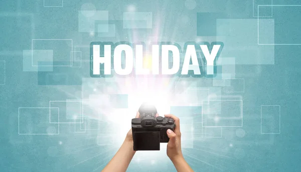 Close Hand Holding Digital Camera Holiday Inscription Traveling Concept — Stock Photo, Image