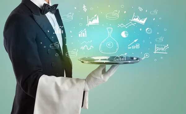 Handsome Young Waiter Tuxedo Holding Tray Money Bag Icons Tray — Stock Photo, Image