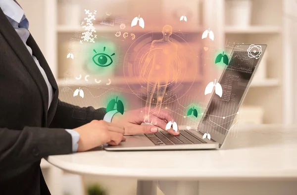 Doctor Working Laptop Eye Icons Coming Out Healthcare Concept — Stock Photo, Image