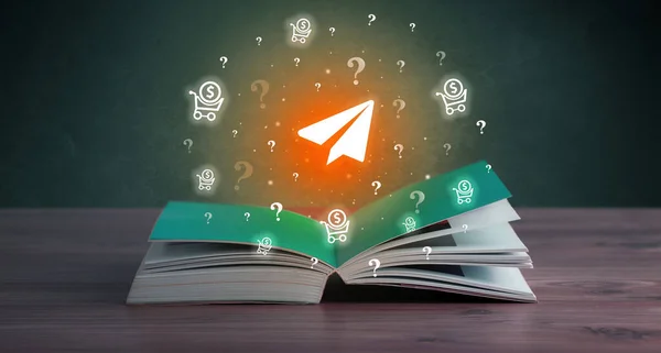 Open book with paper airplane icons above, new business concept