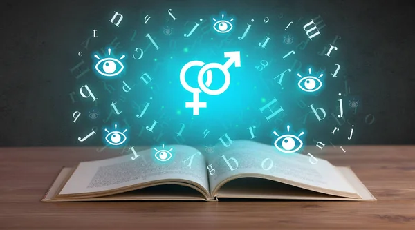 Open medical book with gender icon icons above, global health concept