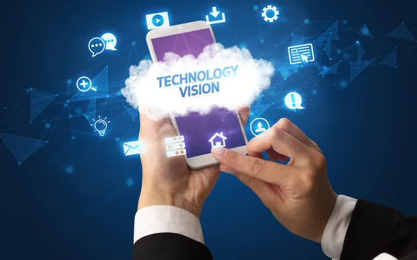 Smartphone Portable Féminin Avec Inscription Technology Vision Concept Technologie Cloud — Photo