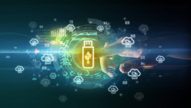 Veri taşıyıcı simgeleriyle yumuşak jest multimedya ekranı, karanlık arka planda gelecek teknoloji konsepti