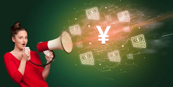 Young person yelling in megaphone and yen icon, currency exchange concept