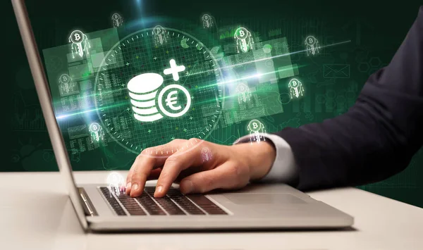 Business Hand Working Stock Market Euro Funds Icons Coming Out — Stock Photo, Image
