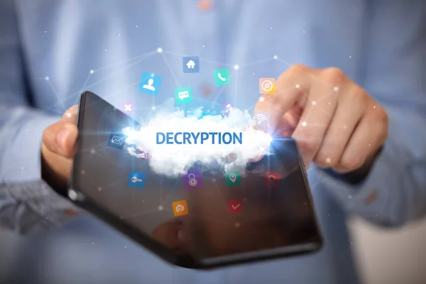 Empresario Sosteniendo Smartphone Plegable Con Inscripción Decryption Concepto Tecnología — Foto de Stock