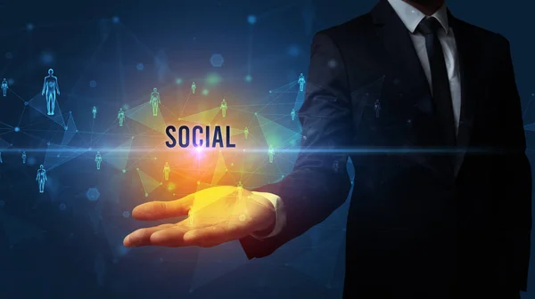 Elegant Hand Holding Social Inscription Social Networking Concept — Stock Photo, Image