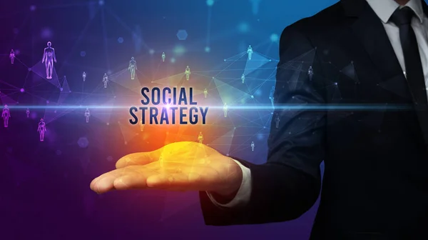 Elegáns Kézfogás Szociális Stratégia Felirat Közösségi Hálózati Koncepció — Stock Fotó