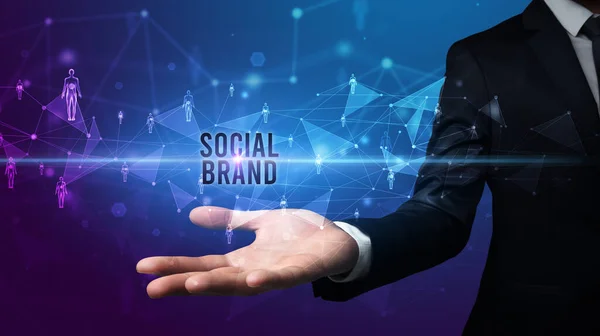 Elegante Mão Segurando Inscrição Social Brand Conceito Rede Social — Fotografia de Stock