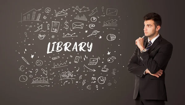 Businessman thinking with LIBRARY inscription, business education concept