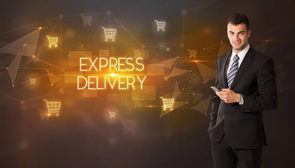 Empresario Con Iconos Carrito Compra Inscripción Express Delivery Concepto Compra — Foto de Stock