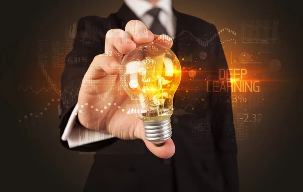 Businessman Holding Lightbulb Deep Learning Inscription Business Technology Concept — Stock Photo, Image