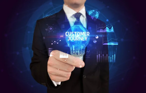 Businessman Holding Lightbulb Customer Journey Inscription Business Idea Concept — Stockfoto