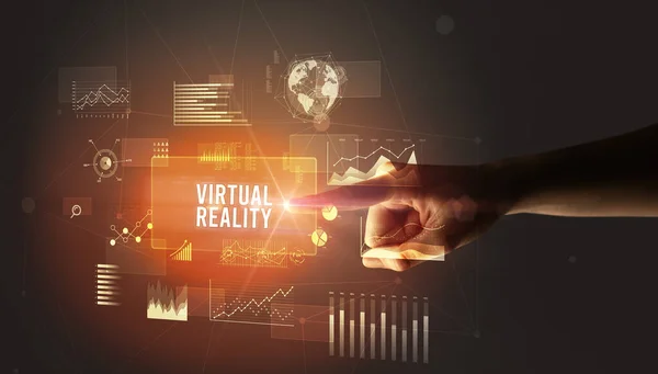 Mano Conmovedora Inscripción Virtual Reality Nuevo Concepto Tecnología Empresarial — Foto de Stock