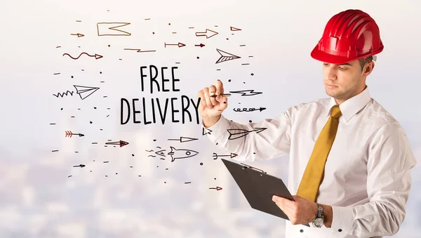 Красивый Бизнесмен Рисунком Шлема Бесплатно Delivery Надпись Конструкция Продажи — стоковое фото