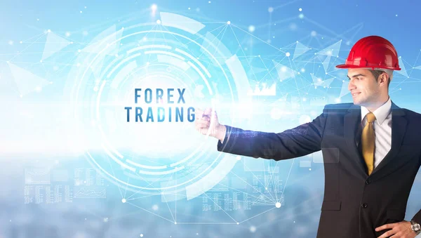 Hombre Negocios Guapo Con Dibujo Casco Forex Comercio Inscripción Concepto — Foto de Stock