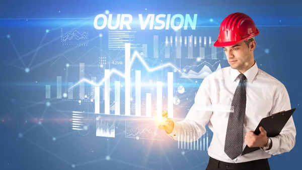 Handsome Businessman Helmet Drawing Our Vision Inscription Architecture Business Plan — Stock Photo, Image