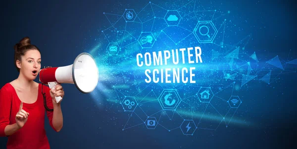 Νεαρή Γυναίκα Φωνάζει Μεγάφωνο Επιγραφή Computer Science Σύγχρονη Τεχνολογία Έννοια — Φωτογραφία Αρχείου