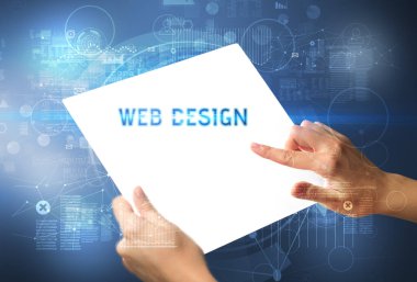 Web Sitesi DESIGN yazıtlı el yapımı fütüristik tablet, yeni teknoloji konsepti
