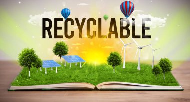 RECYCLABLE yazıtlı açık kitap, yenilenebilir enerji kavramı