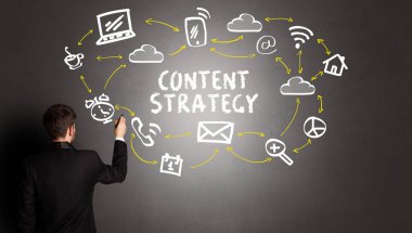 businessman drawing social media icons with CONTENT STRATEGY inscription, new media concept