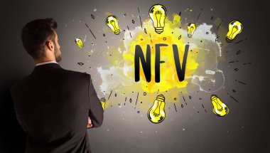 businessman drawing colorful light bulb with NFV abbreviation, new technology idea concept