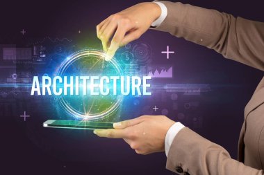 ARCHITECTURE yazıtlı bir dokunmatik ekran, yeni teknoloji konsepti