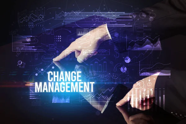 Businessman Touching Huge Screen Change Management Inscription Cyber Business Concept — Stock Photo, Image