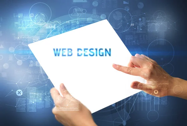 Web Sitesi DESIGN yazıtlı el yapımı fütüristik tablet, yeni teknoloji konsepti