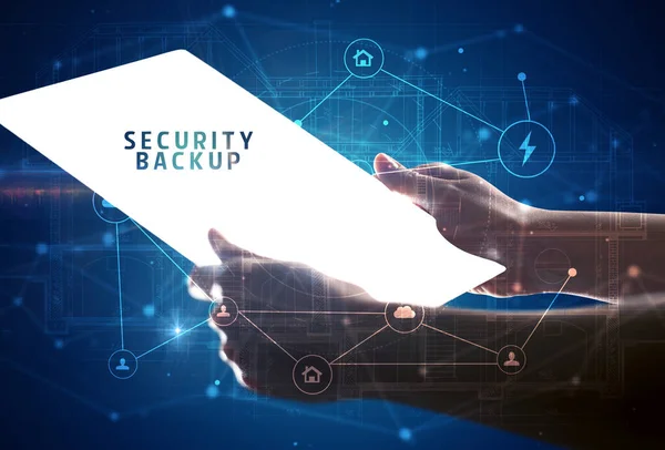 Futuristisches Tablet Mit Security Backup Aufschrift Cyber Sicherheitskonzept — Stockfoto