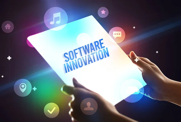 Futuristische Tablet Met Software Innovatie Inscriptie Nieuw Technologieconcept — Stockfoto