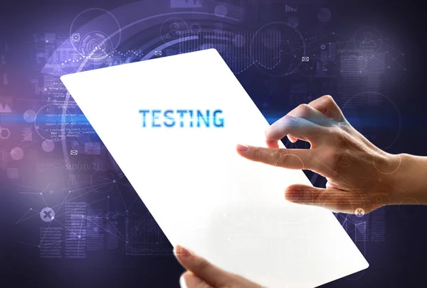 Hand Holdig Futuristic Tablet Testing Inscription New Technology Concept — Stock Photo, Image