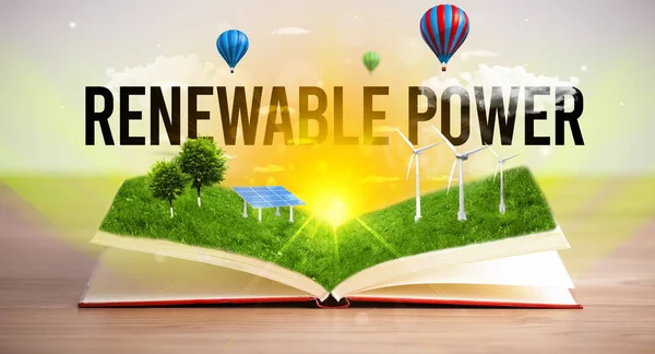 Libro Abierto Con Inscripción Poder Renovable Concepto Energía Renovable —  Fotos de Stock