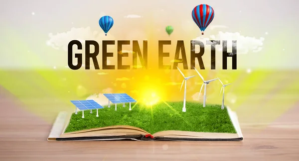 Öppen Bok Med Grön Earth Inskription Förnybar Energi Koncept — Stockfoto