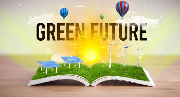 Öppen Bok Med Grön Future Inskription Förnybar Energi Koncept — Stockfoto