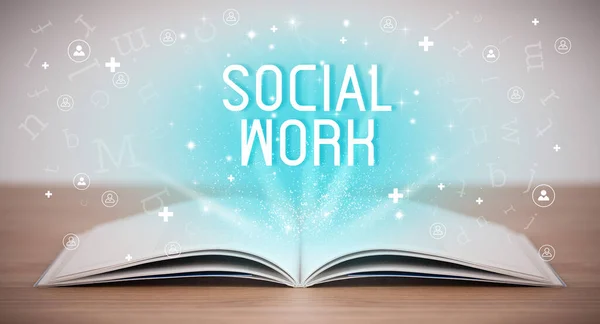 Open book with SOCIAL WORK inscription, social media concept