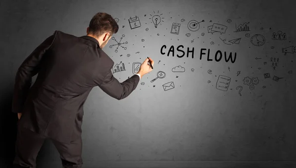 Zakenman Tekening Van Een Creatief Idee Schets Met Cash Flow — Stockfoto