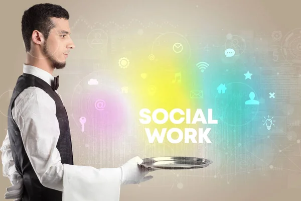 Waiter Serving Social Networking Social Work Inscription New Media Concept — Stock Photo, Image
