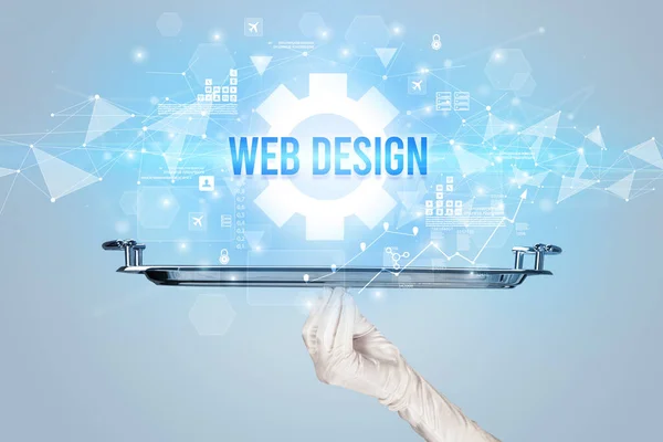 Camarero Sirviendo Concepto Nueva Tecnología Con Inscripción Web Design — Foto de Stock