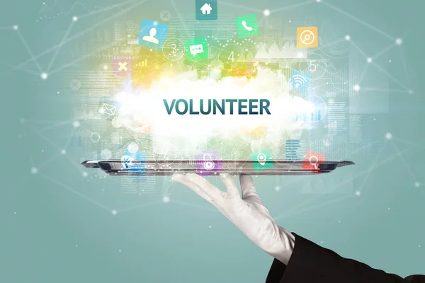 Waiter Serving Social Networking Concept Volunteer Inscription — Stock Photo, Image