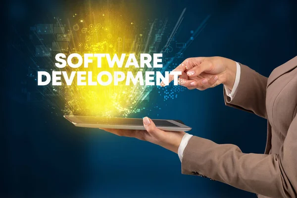 Software Development Yazıtlı Yenilikçi Teknoloji Kavramına Sahip Bir Dokunmatik Ekran — Stok fotoğraf