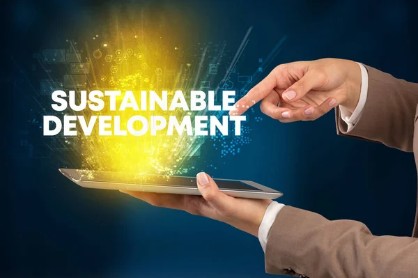 Närbild Pekskärm Med Hållbar Utveckling Inskription Innovativt Teknikkoncept — Stockfoto